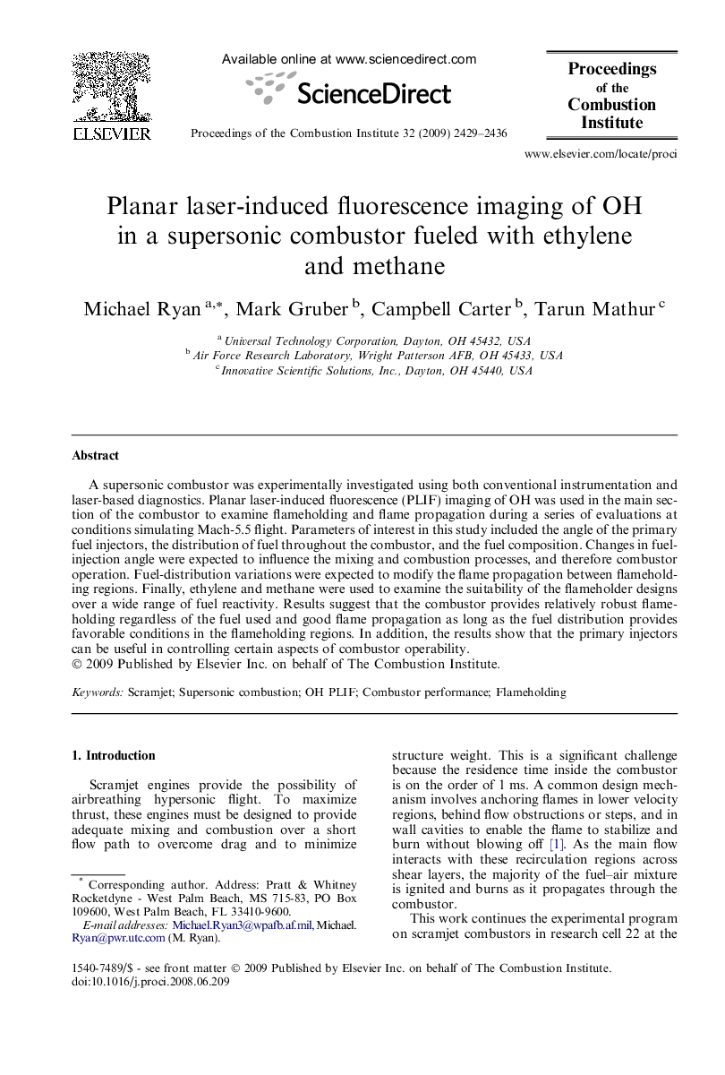 Planar laser-induced fluorescence imaging of OH in a supersonic combustor fueled with ethylene and methane