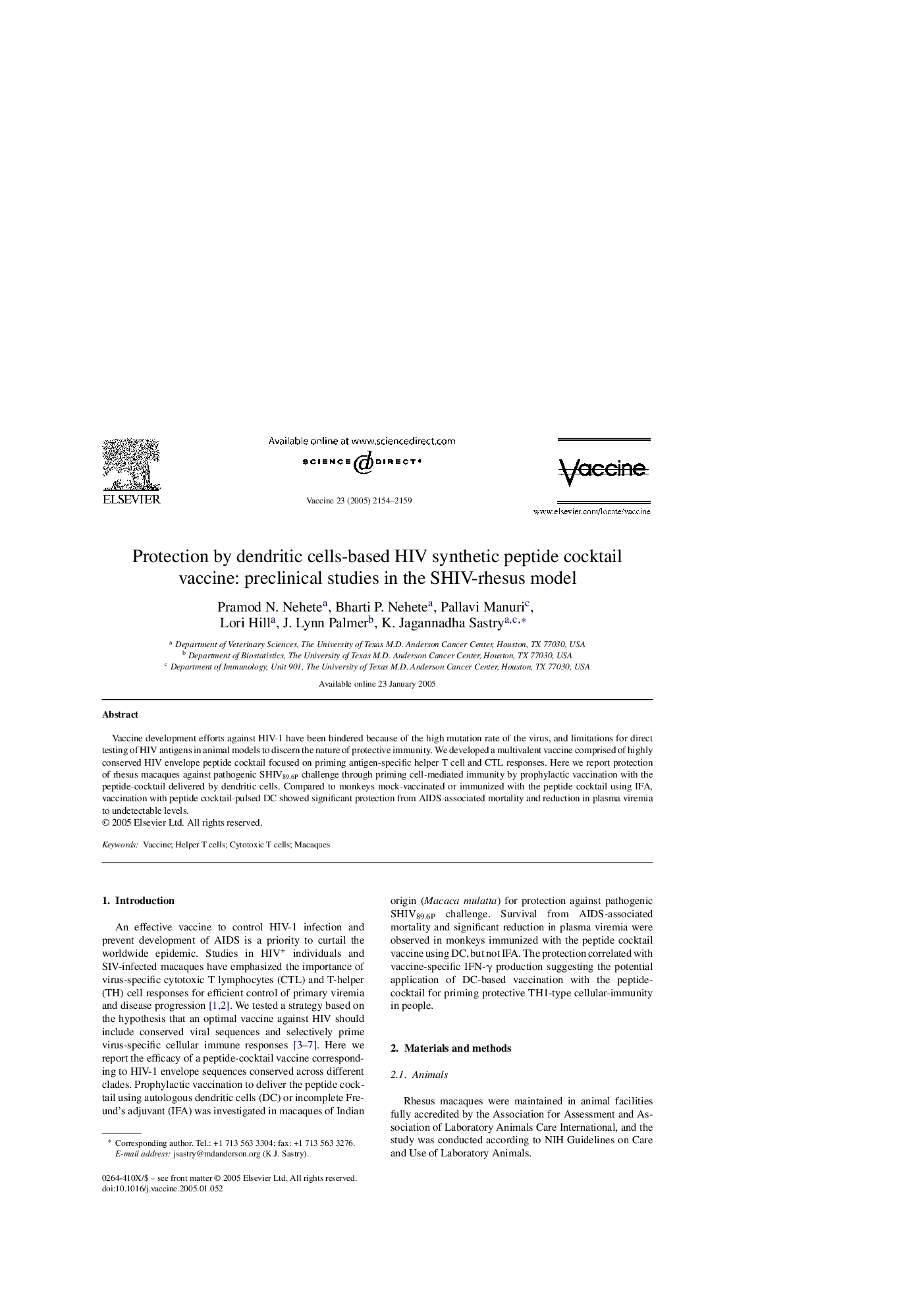 Protection by dendritic cells-based HIV synthetic peptide cocktail vaccine: preclinical studies in the SHIV-rhesus model