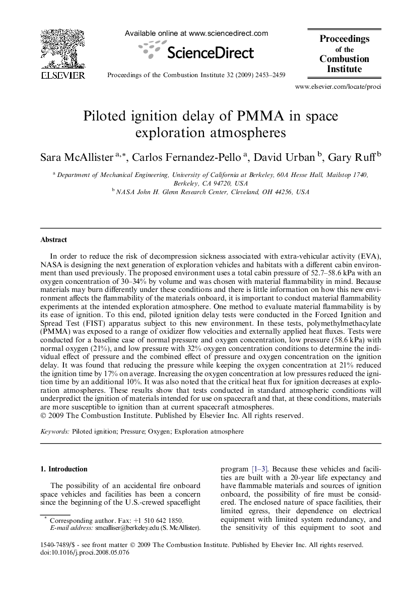 Piloted ignition delay of PMMA in space exploration atmospheres