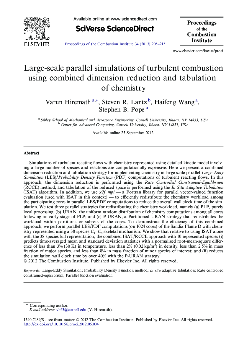 Large-scale parallel simulations of turbulent combustion using combined dimension reduction and tabulation of chemistry