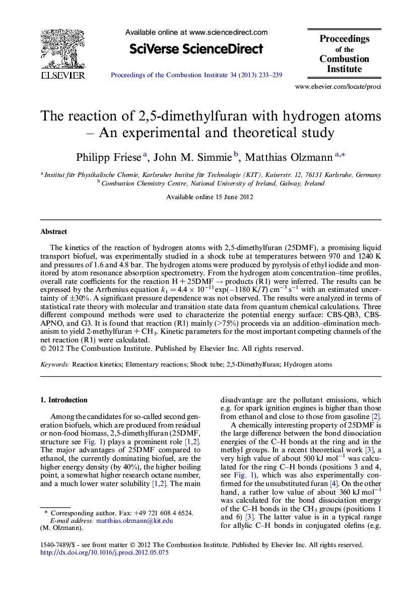 The reaction of 2,5-dimethylfuran with hydrogen atoms – An experimental and theoretical study