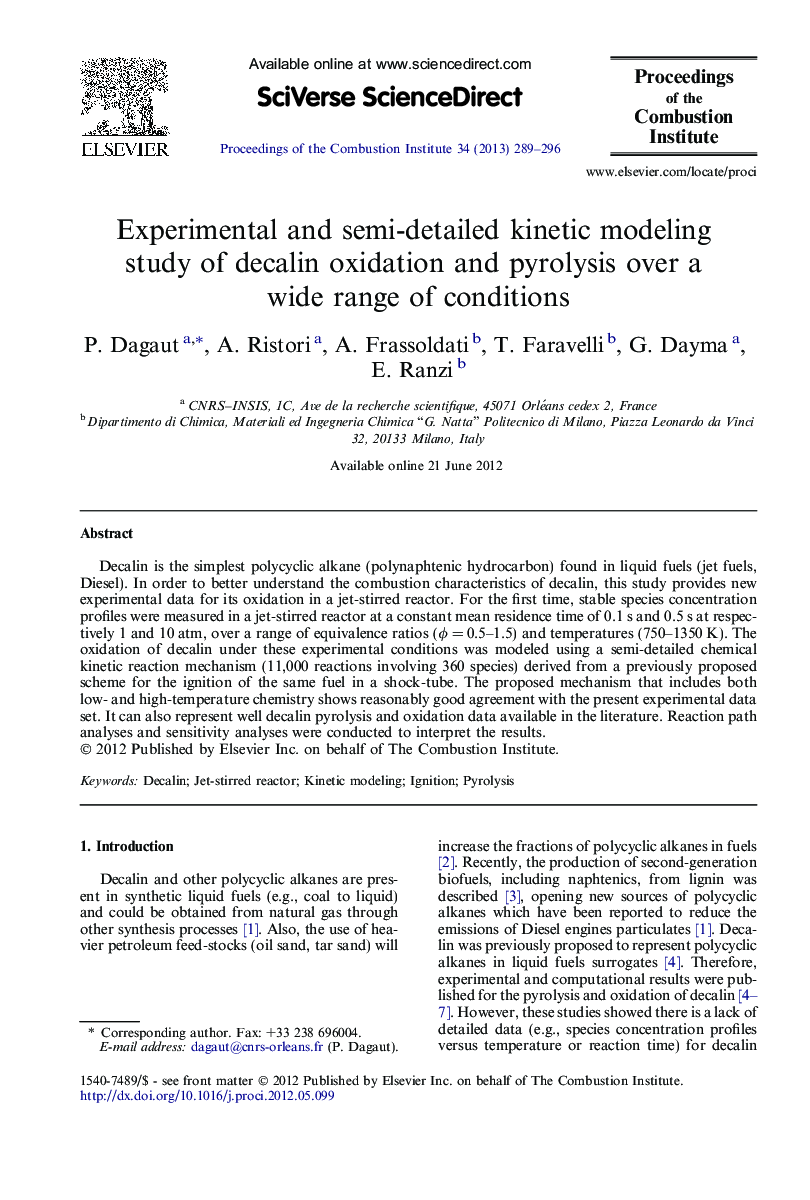 Experimental and semi-detailed kinetic modeling study of decalin oxidation and pyrolysis over a wide range of conditions