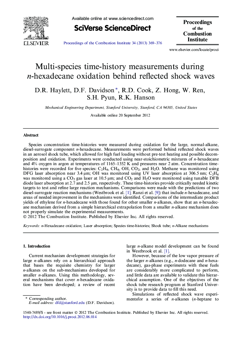 Multi-species time-history measurements during n-hexadecane oxidation behind reflected shock waves