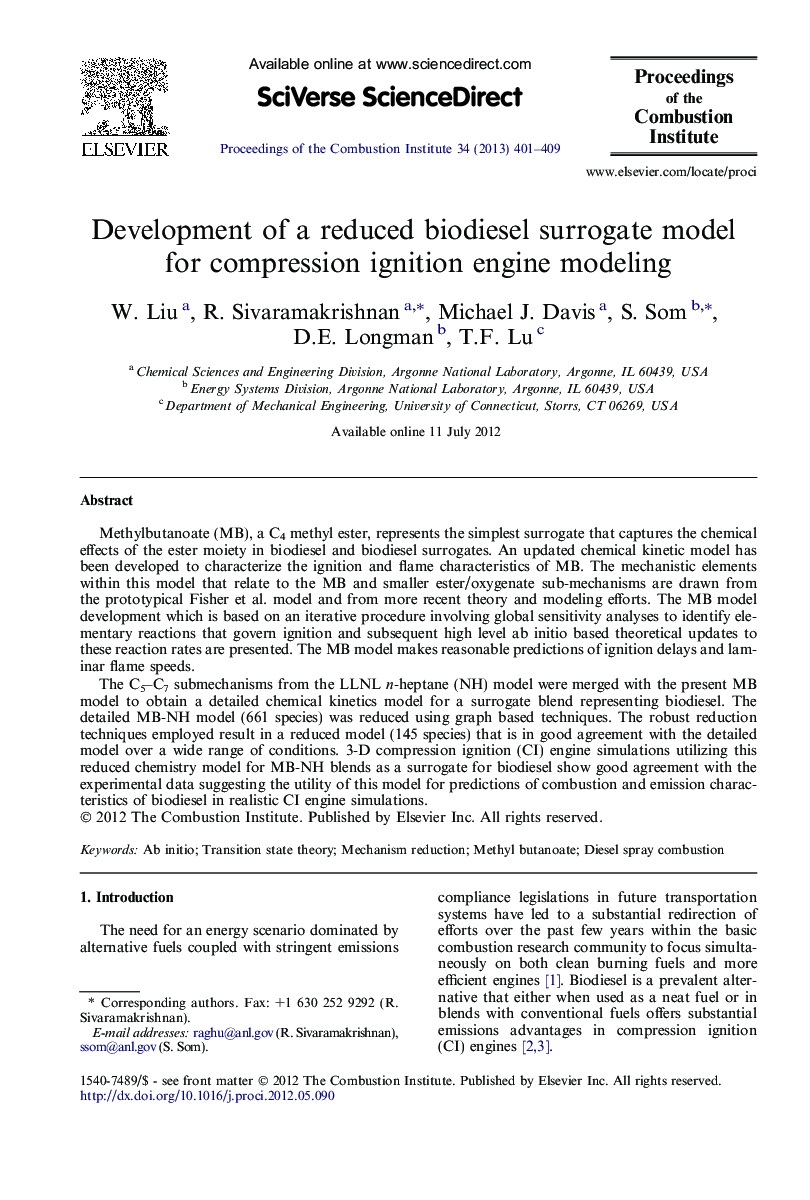 Development of a reduced biodiesel surrogate model for compression ignition engine modeling