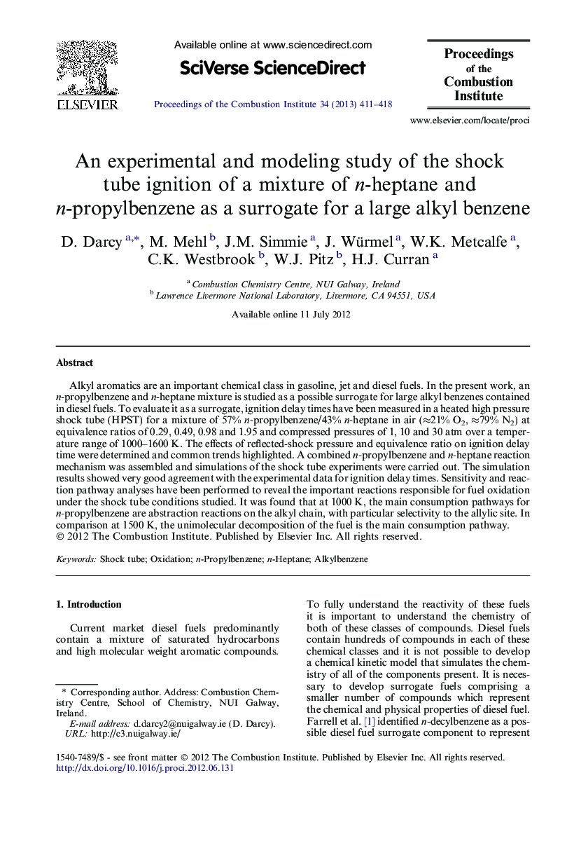 An experimental and modeling study of the shock tube ignition of a mixture of n-heptane and n-propylbenzene as a surrogate for a large alkyl benzene