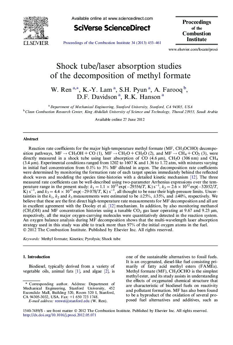 Shock tube/laser absorption studies of the decomposition of methyl formate
