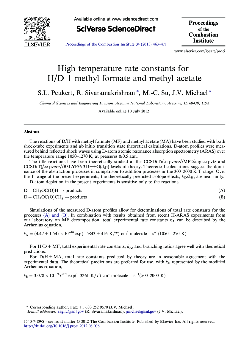 High temperature rate constants for H/D + methyl formate and methyl acetate