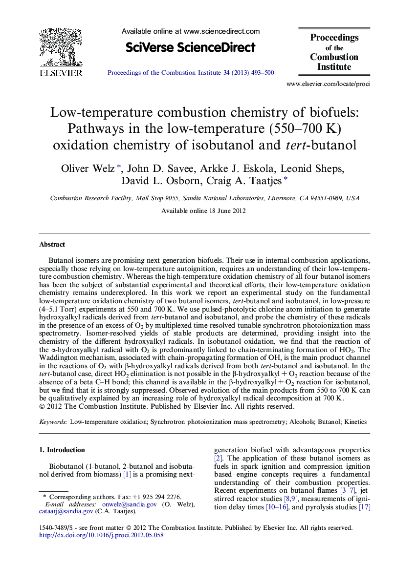 Low-temperature combustion chemistry of biofuels: Pathways in the low-temperature (550–700 K) oxidation chemistry of isobutanol and tert-butanol