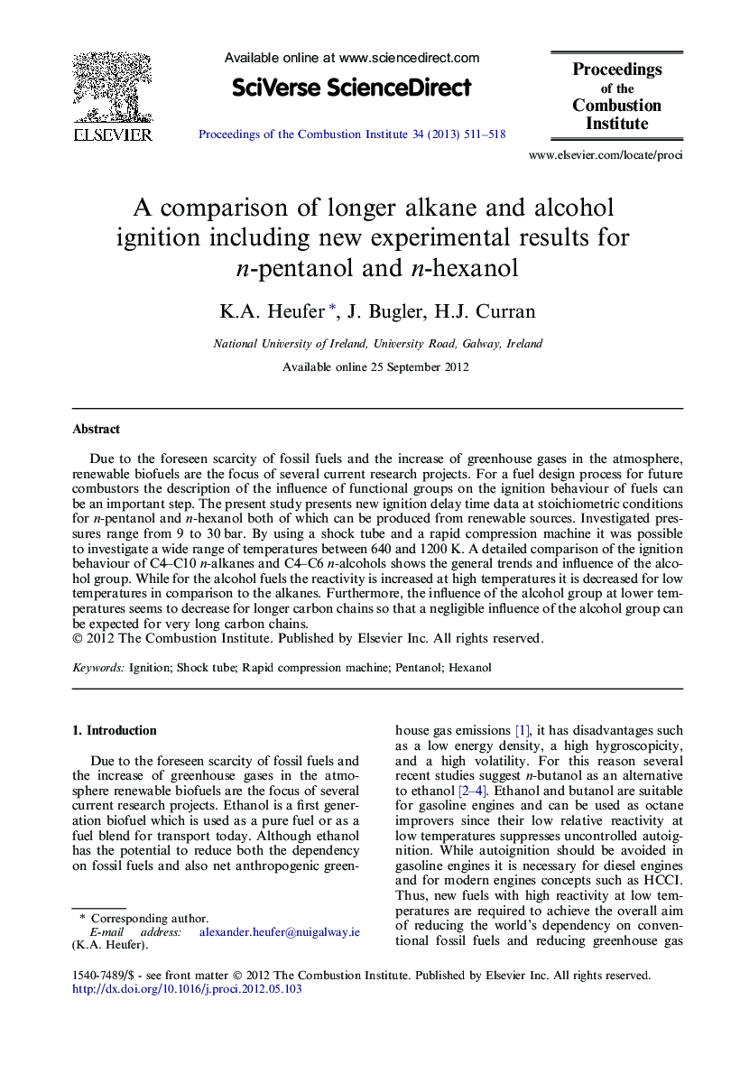 A comparison of longer alkane and alcohol ignition including new experimental results for n-pentanol and n-hexanol