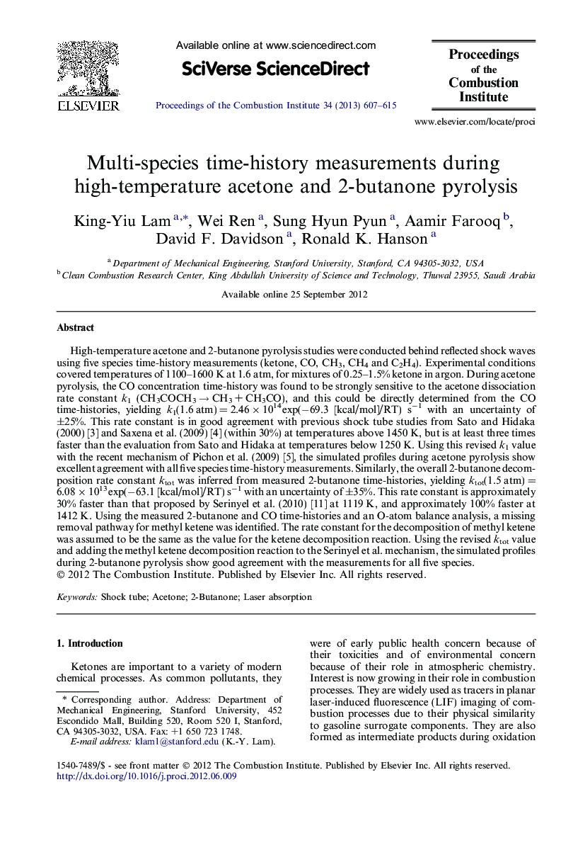 Multi-species time-history measurements during high-temperature acetone and 2-butanone pyrolysis