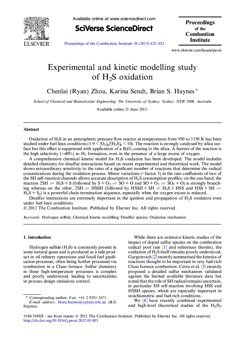 Experimental and kinetic modelling study of H2S oxidation