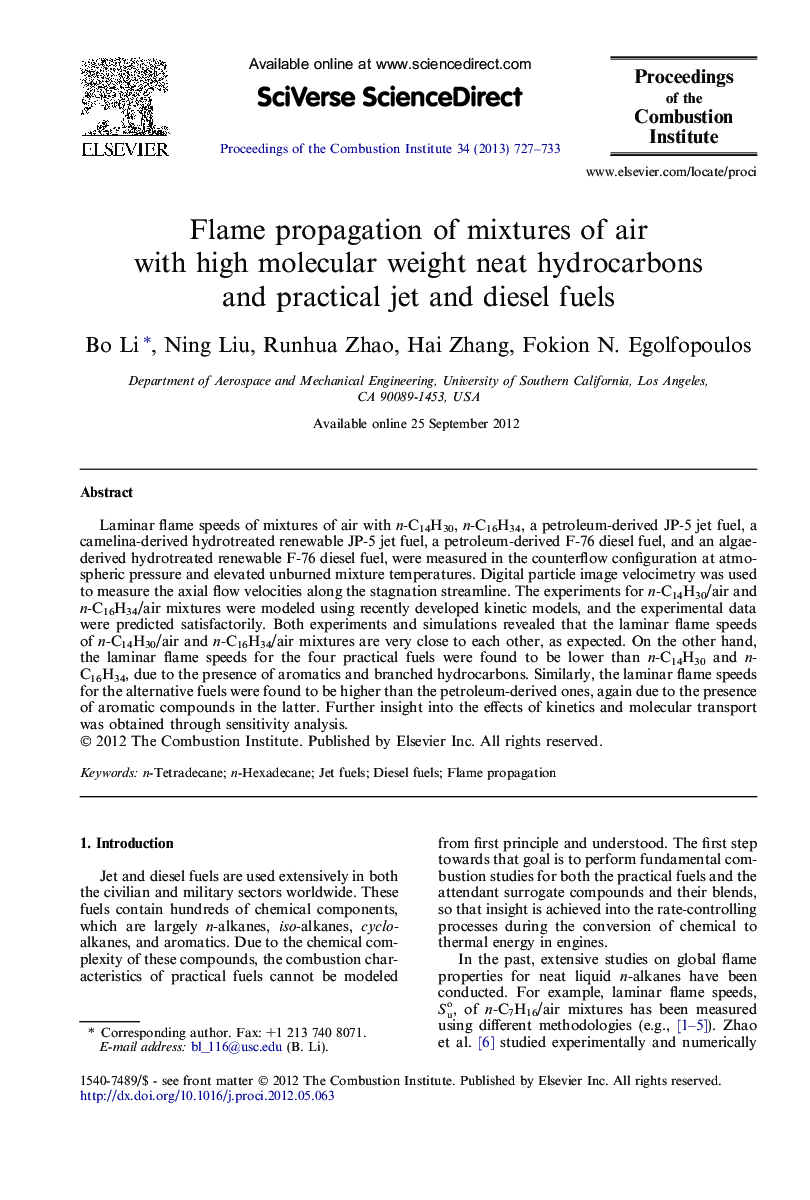 Flame propagation of mixtures of air with high molecular weight neat hydrocarbons and practical jet and diesel fuels