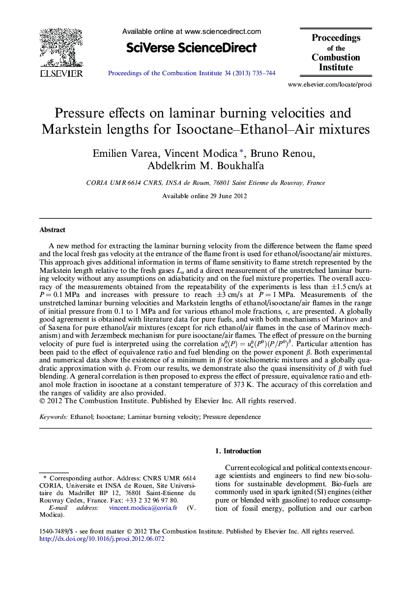 Pressure effects on laminar burning velocities and Markstein lengths for Isooctane–Ethanol–Air mixtures