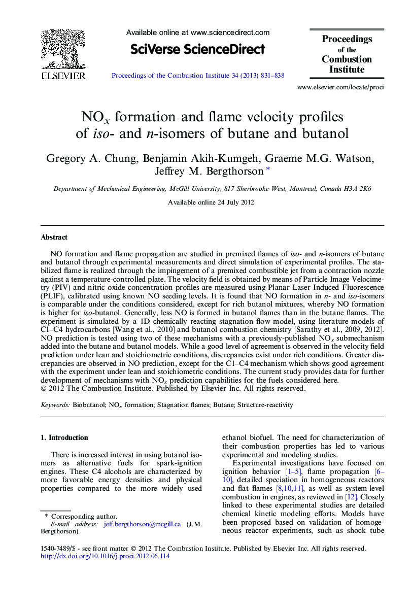 NOx formation and flame velocity profiles of iso- and n-isomers of butane and butanol