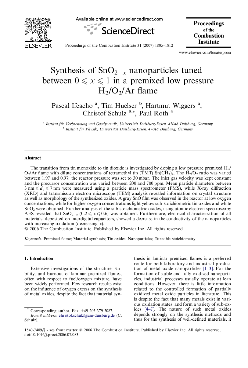 Synthesis of SnO2−x nanoparticles tuned between 0 ⩽ x ⩽ 1 in a premixed low pressure H2/O2/Ar flame