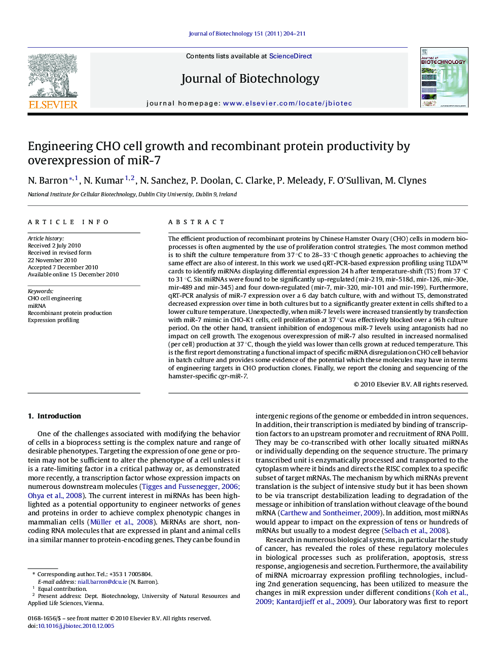 Engineering CHO cell growth and recombinant protein productivity by overexpression of miR-7