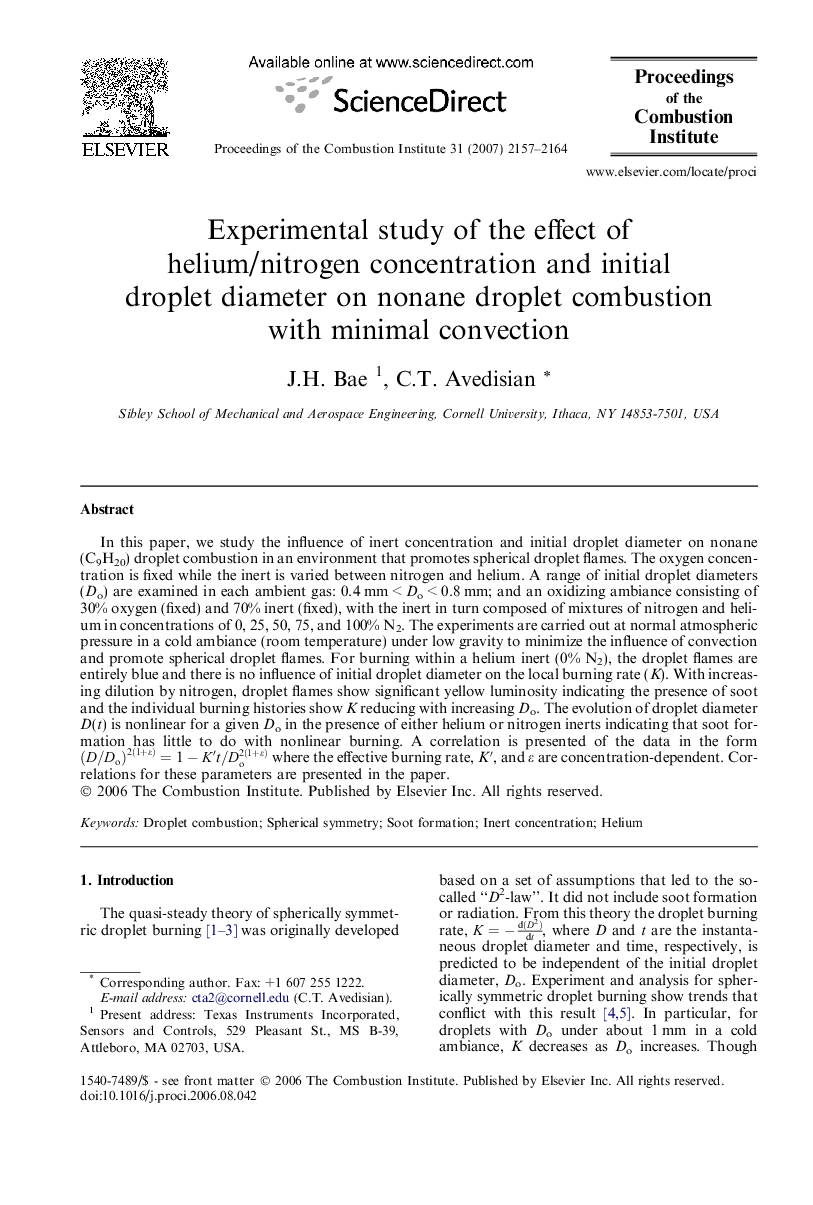 Experimental study of the effect of helium/nitrogen concentration and initial droplet diameter on nonane droplet combustion with minimal convection