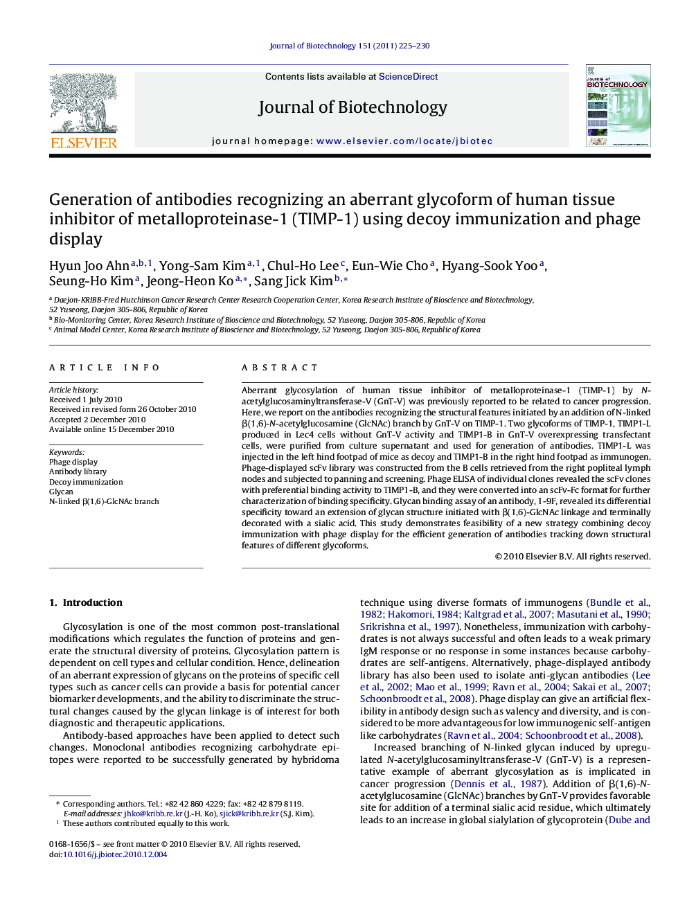 Generation of antibodies recognizing an aberrant glycoform of human tissue inhibitor of metalloproteinase-1 (TIMP-1) using decoy immunization and phage display