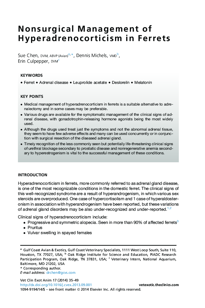 Nonsurgical Management of Hyperadrenocorticism in Ferrets