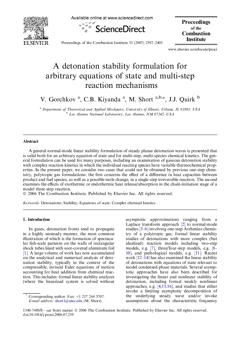 A detonation stability formulation for arbitrary equations of state and multi-step reaction mechanisms