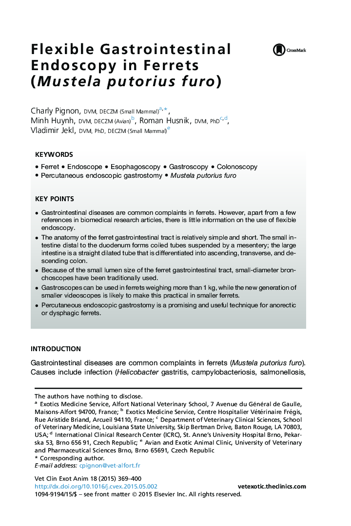 Flexible Gastrointestinal Endoscopy in Ferrets (Mustela putorius furo)