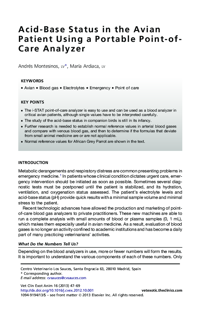 عکس صفحه اول مقاله: Acid-Base Status in the Avian Patient Using a Portable Point-of-Care Analyzer Acid-Base Status in the Avian Patient Using a Portable Point-of-Care Analyzer