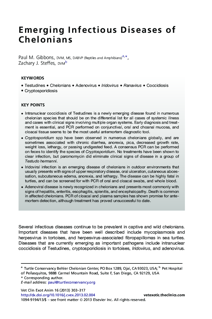 Emerging Infectious Diseases of Chelonians