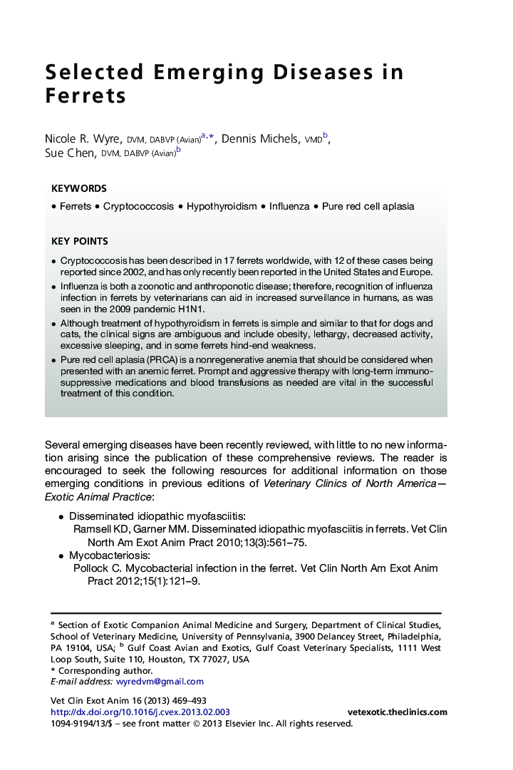 Selected Emerging Diseases in Ferrets