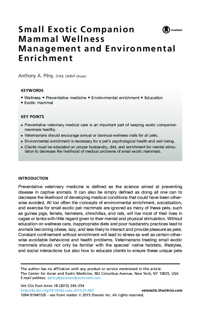 Small Exotic Companion Mammal Wellness Management and Environmental Enrichment