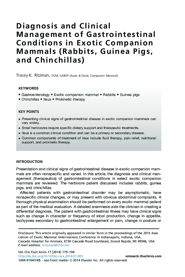 تشخیص و مدیریت بالینی شرایط گوارشی در پستانداران عجیب و غریب (خرگوش، خوکچه گین، و چینچیلاها) 