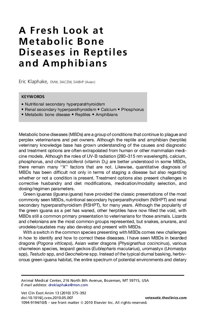 A Fresh Look at Metabolic Bone Diseases in Reptiles and Amphibians