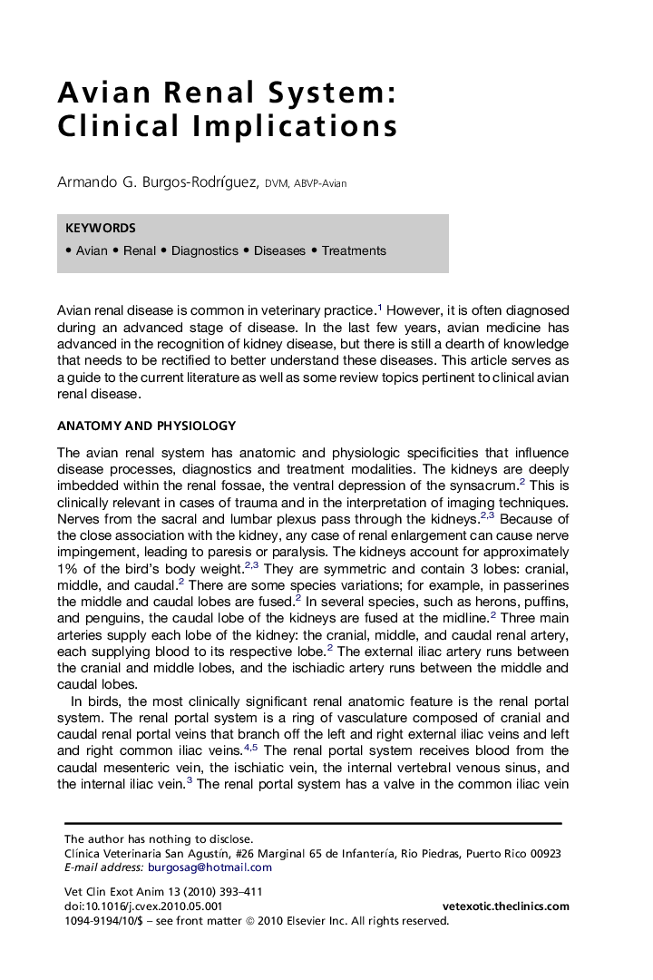 Avian Renal System: Clinical Implications