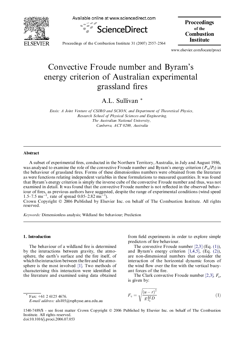 Convective Froude number and Byram’s energy criterion of Australian experimental grassland fires