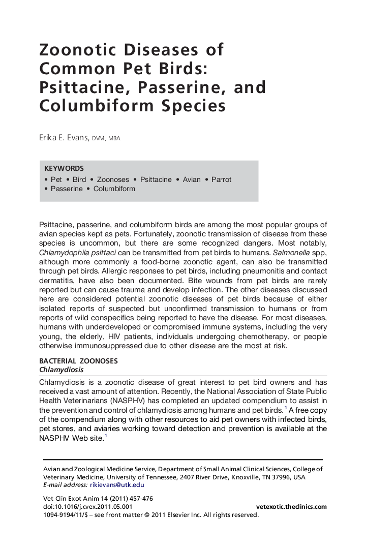 Zoonotic Diseases of Common Pet Birds: Psittacine, Passerine, and Columbiform Species