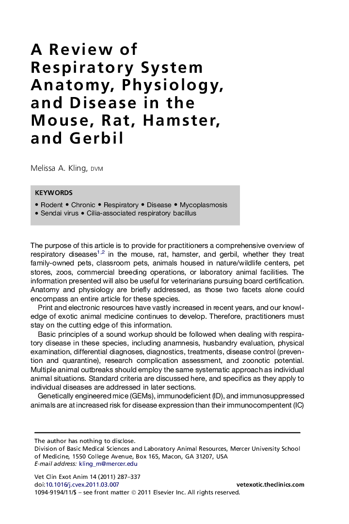 A Review of Respiratory System Anatomy, Physiology, and Disease in the Mouse, Rat, Hamster, and Gerbil