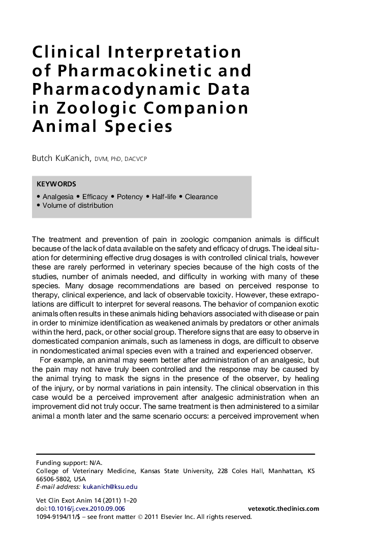 Clinical Interpretation of Pharmacokinetic and Pharmacodynamic Data in Zoologic Companion Animal Species
