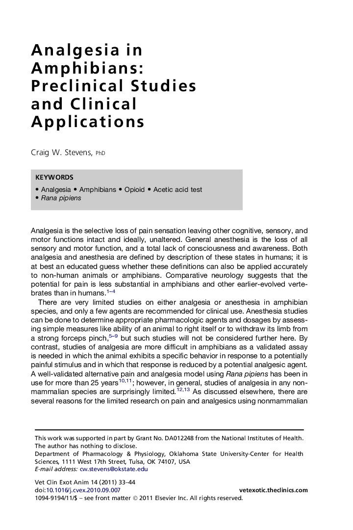 Analgesia in Amphibians: Preclinical Studies and Clinical Applications