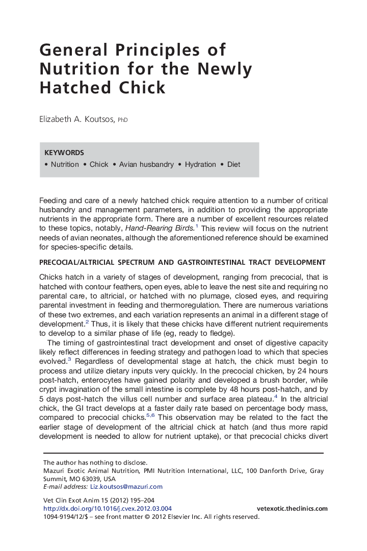 General Principles of Nutrition for the Newly Hatched Chick