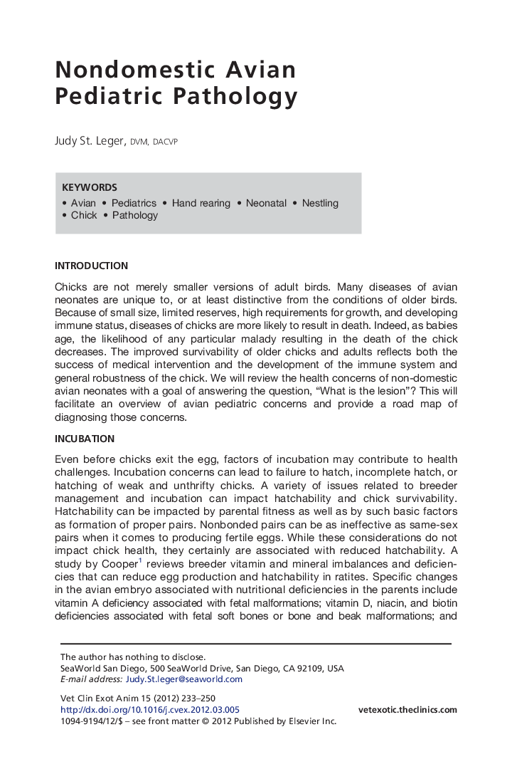 Nondomestic Avian Pediatric Pathology