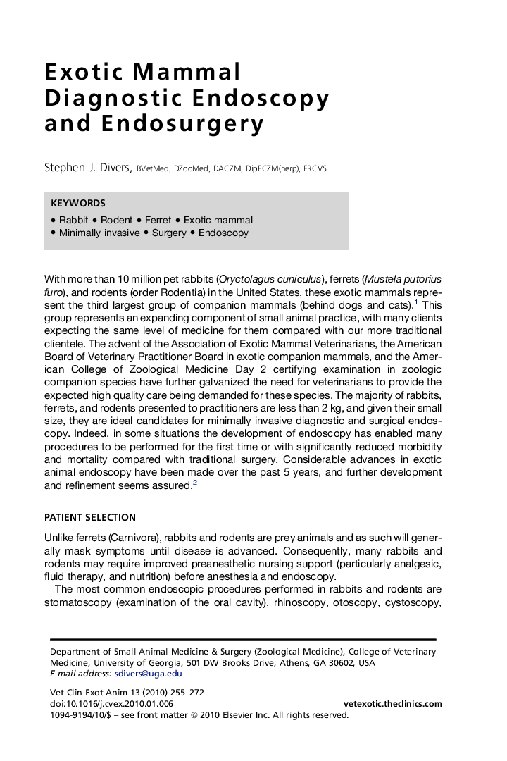 Exotic Mammal Diagnostic Endoscopy and Endosurgery