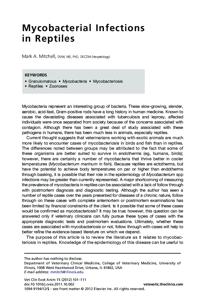 Mycobacterial Infections in Reptiles