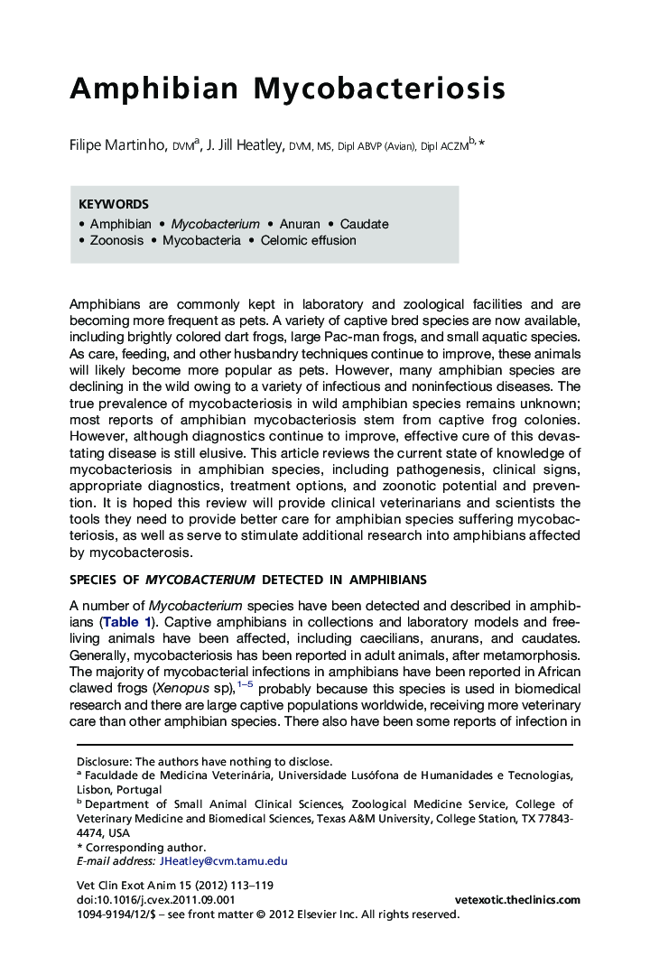 عکس صفحه اول مقاله: Amphibian Mycobacteriosis Amphibian Mycobacteriosis