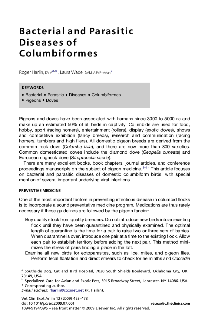 Bacterial and Parasitic Diseases of Columbiformes