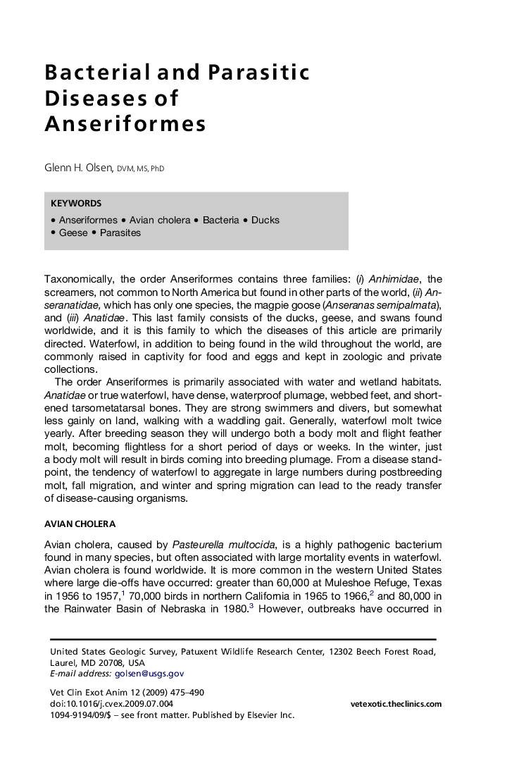 Bacterial and Parasitic Diseases of Anseriformes