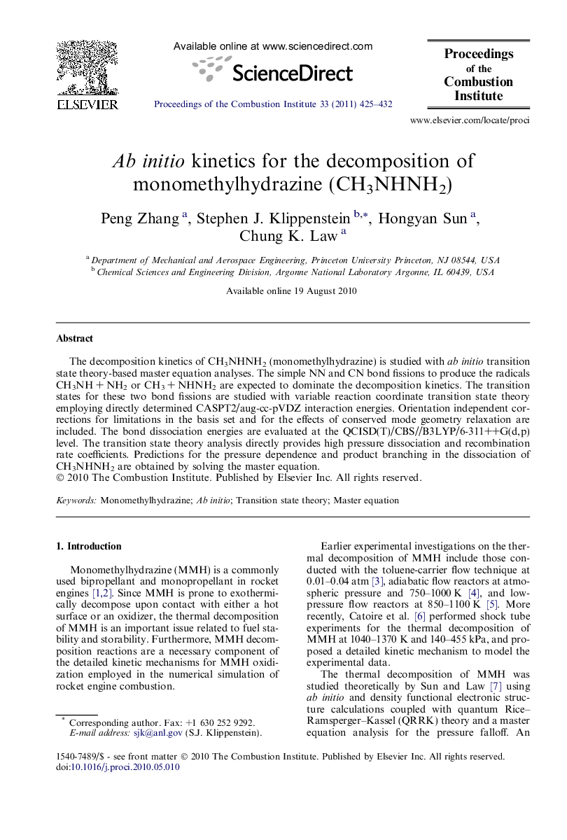 Ab initio kinetics for the decomposition of monomethylhydrazine (CH3NHNH2)