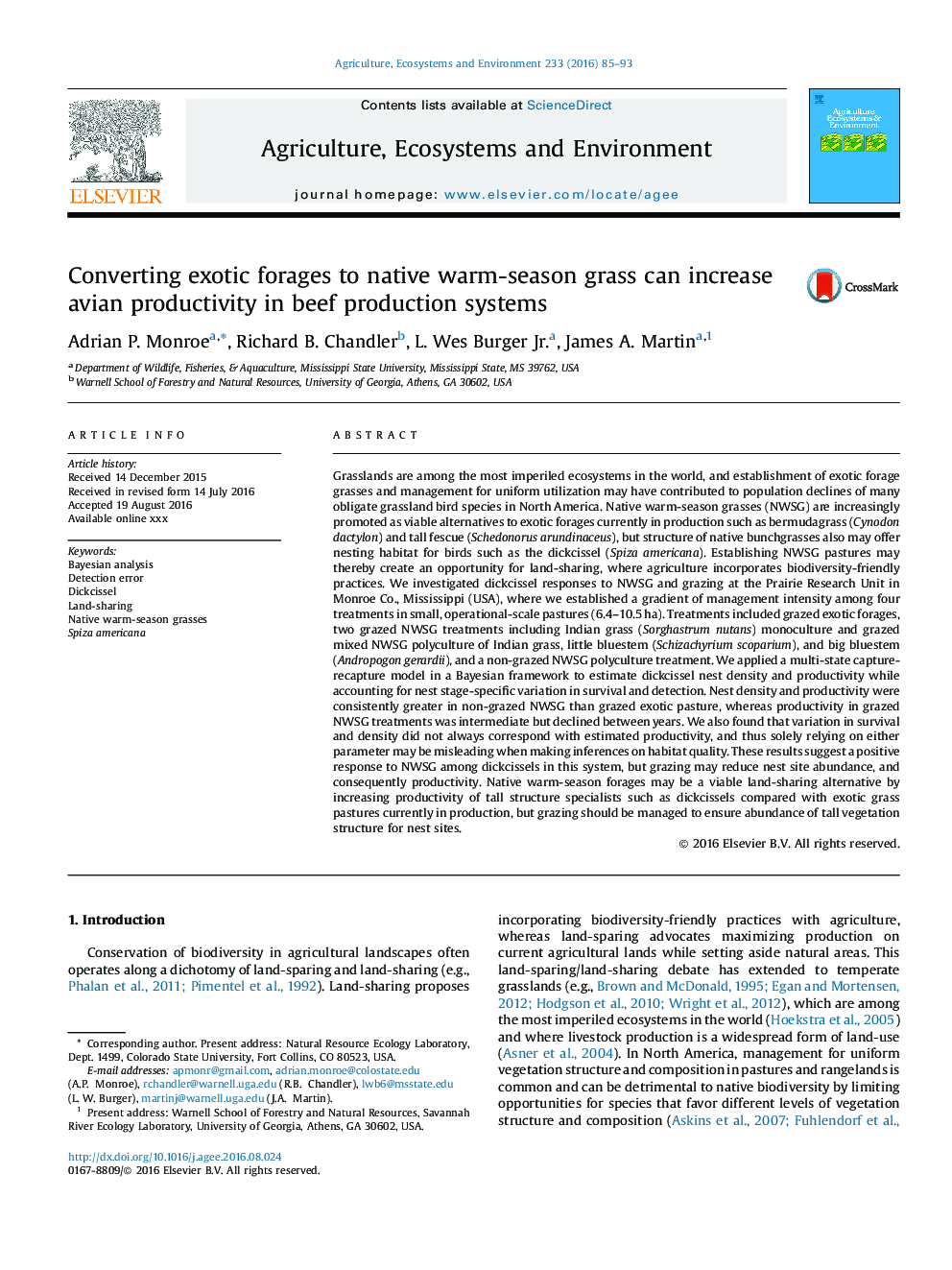 Converting exotic forages to native warm-season grass can increase avian productivity in beef production systems