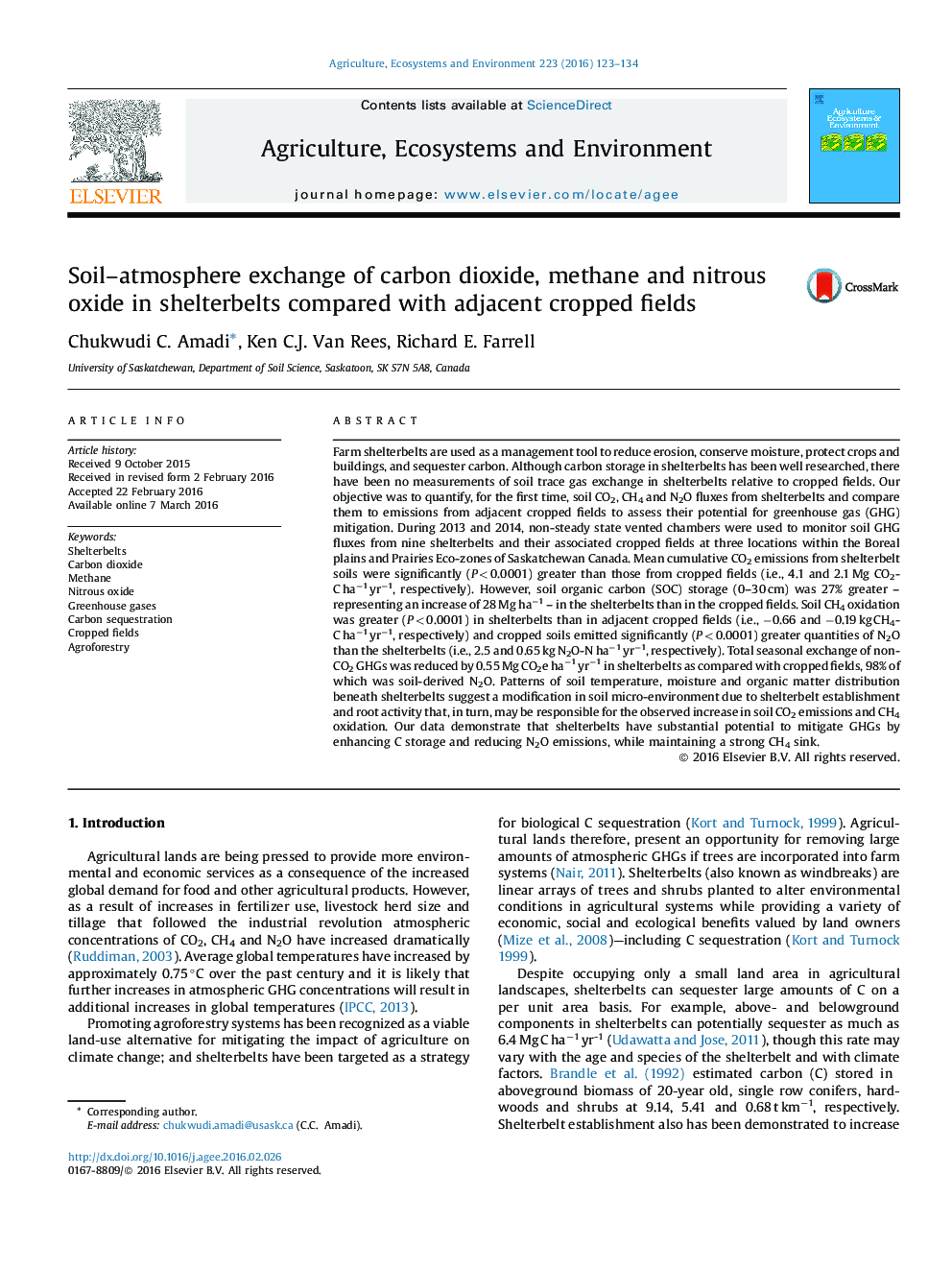 Soil–atmosphere exchange of carbon dioxide, methane and nitrous oxide in shelterbelts compared with adjacent cropped fields