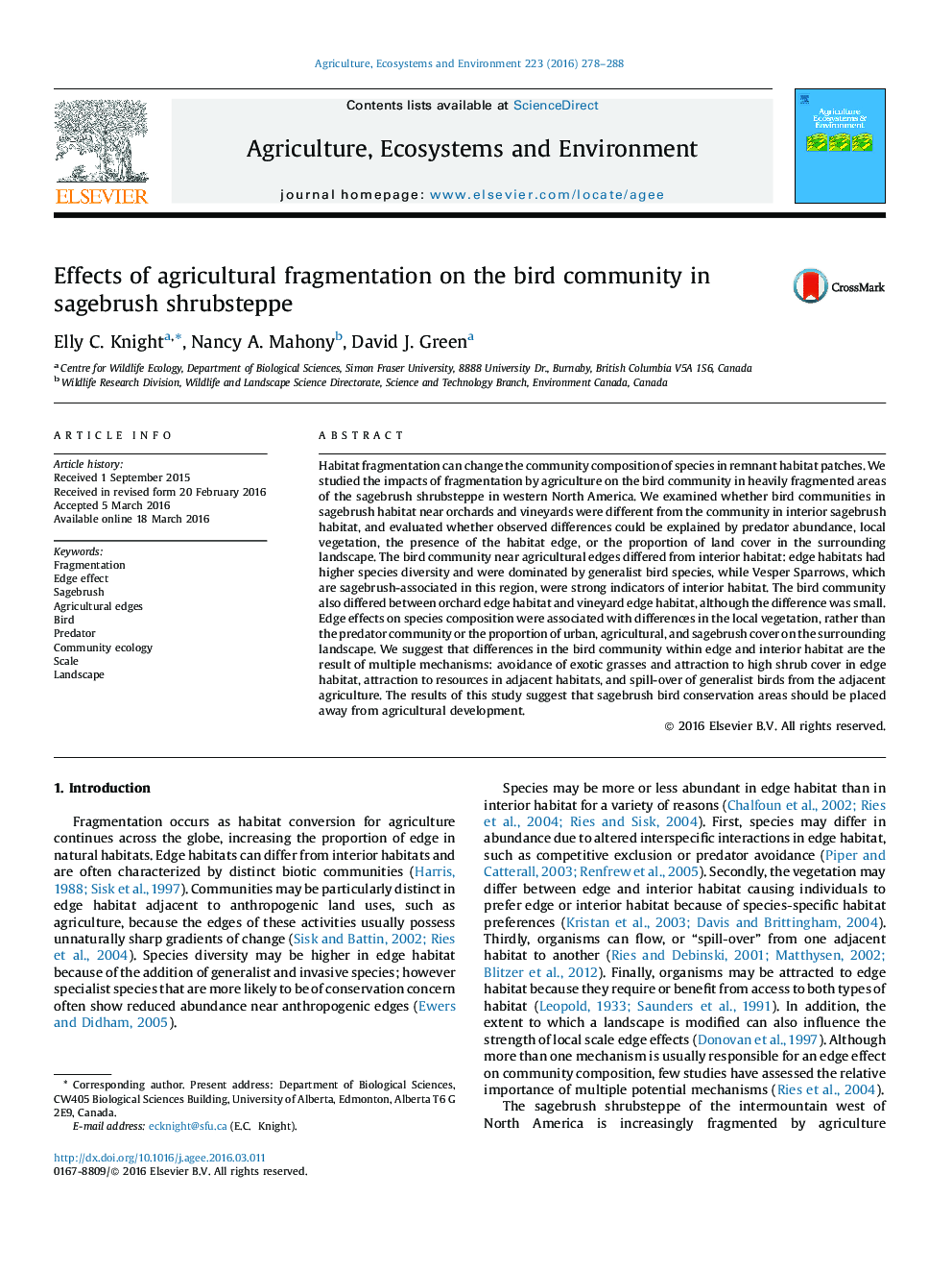 Effects of agricultural fragmentation on the bird community in sagebrush shrubsteppe