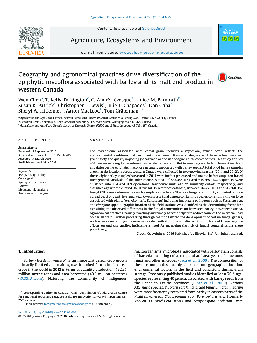 Geography and agronomical practices drive diversification of the epiphytic mycoflora associated with barley and its malt end product in western Canada