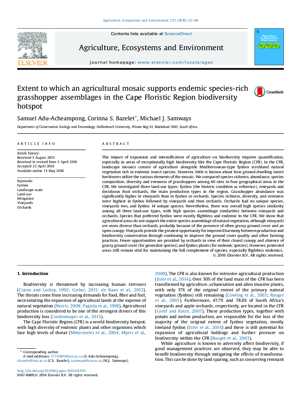 Extent to which an agricultural mosaic supports endemic species-rich grasshopper assemblages in the Cape Floristic Region biodiversity hotspot